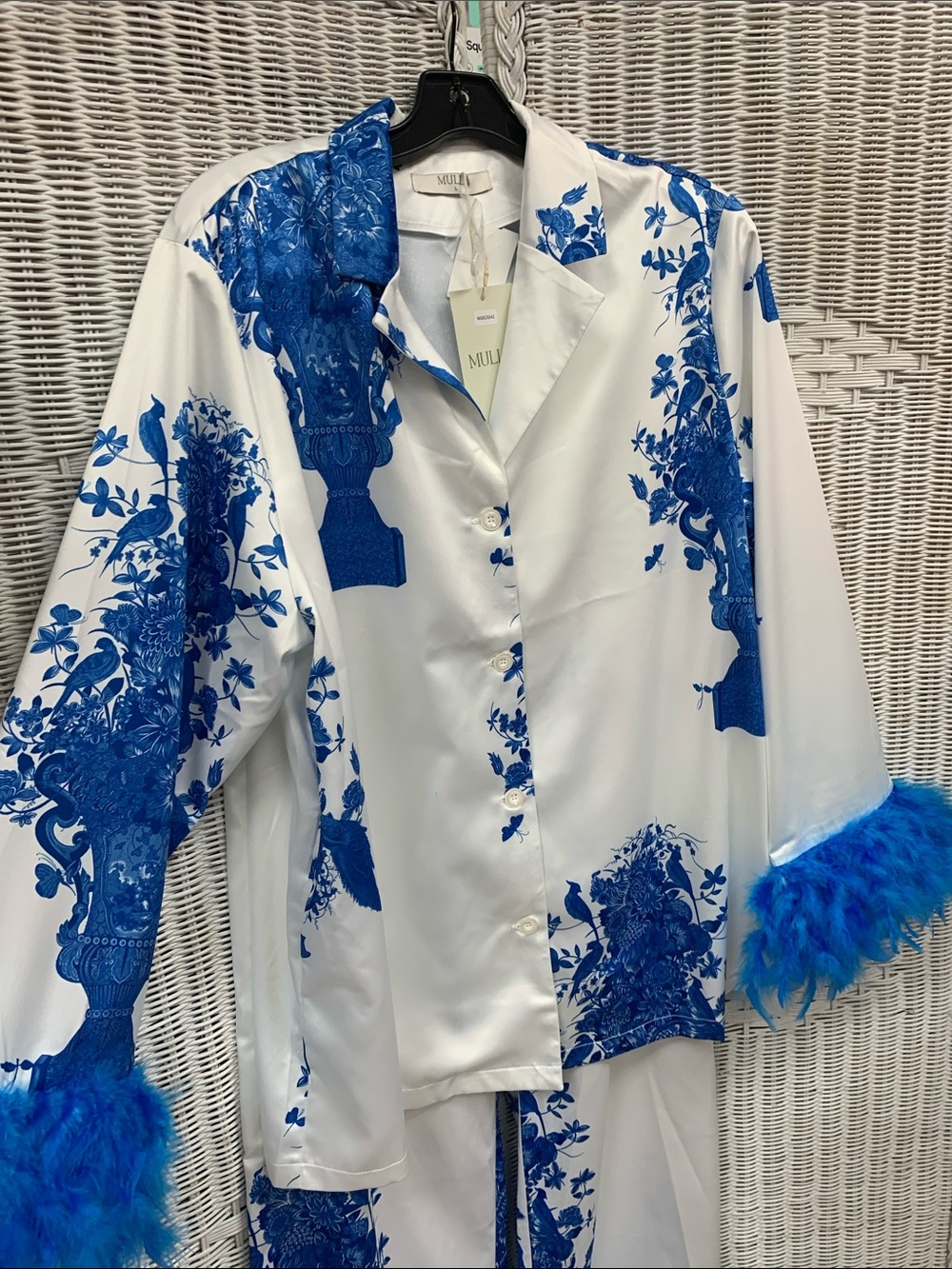 Mulberry White Satin shirt with Royal Blue Floral Print & Feather Cuff matching